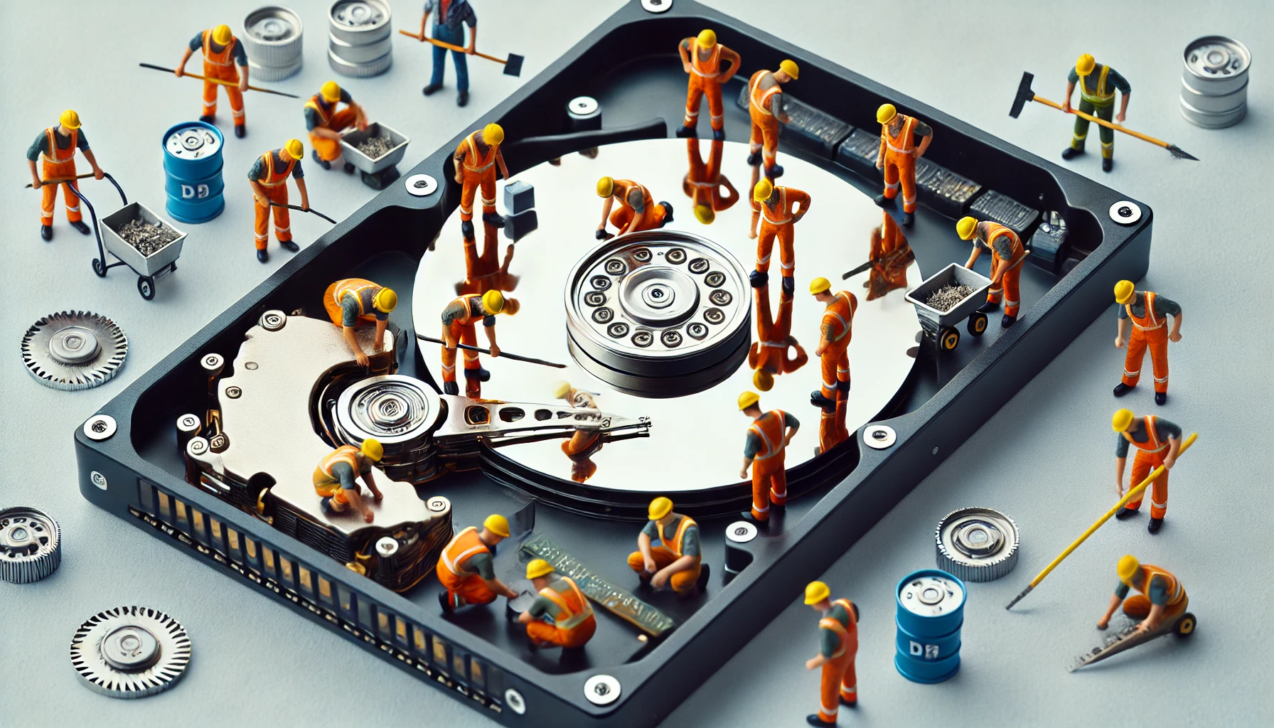 An illustration similar to the provided image showing tiny workers working inside a hard drive. The scene should include miniature construction workers in bright uniforms, carefully handling the internal components of the hard drive, such as the platters and read/write head. The setting should be detailed and realistic, emphasizing the intricate work being done on the digital storage device.